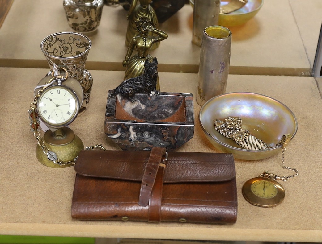 A quantity of various collectibles including a Hardys fishing wallet, a cold painted bronze ‘terrier’ mounted marble ash tray, bronze figural bell, pocket watches, Tiffany glass dish etc, dish11.5cms diameter